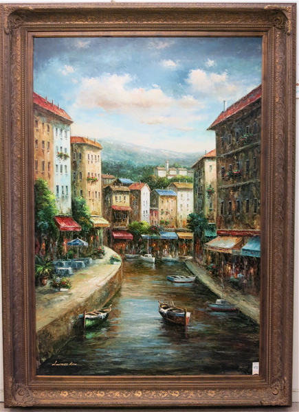 Appraisal: LARGE OIL PAINTING ON CANVAS European village harbor scene artist