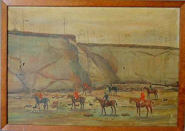 Appraisal: Oil on canvas painting of a foxhunt scene with horses