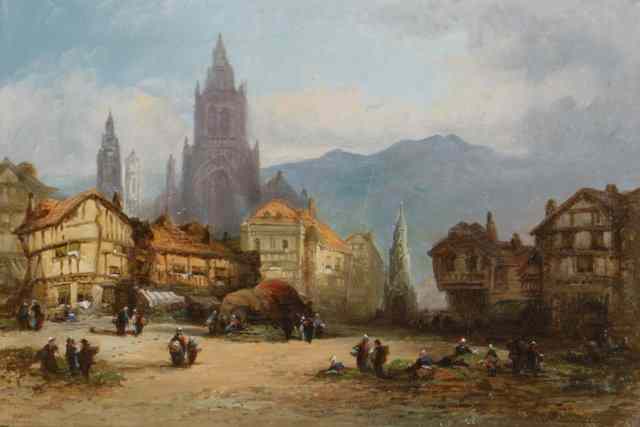 Appraisal: H FOLEY TH CENTURY Continental townscape showing peasant workers signed