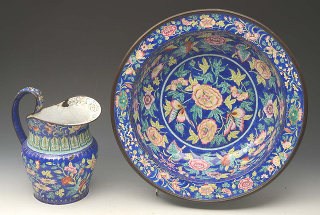 Appraisal: A CHINESE CANTON BLUE ENAMEL JUG and basin with bold