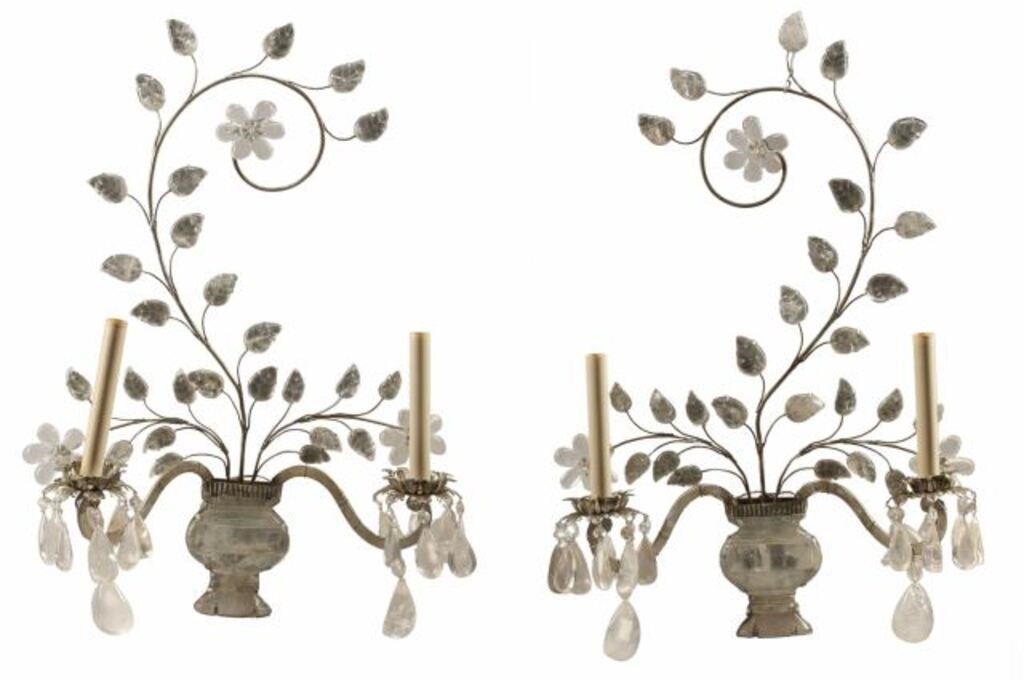 Appraisal: pair Rock crystal and silvered metal two-light sconces in the