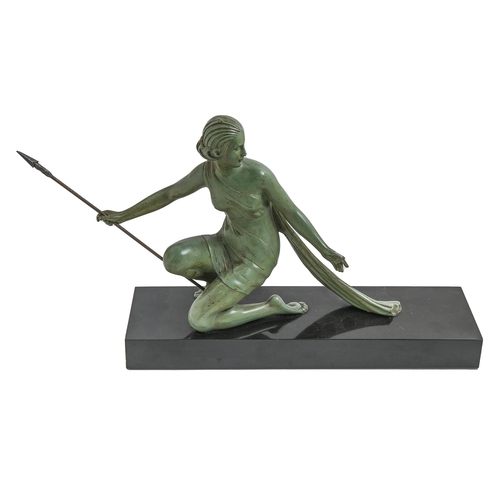 Appraisal: Oudine An Art Deco bronze sculpture of a huntress holding