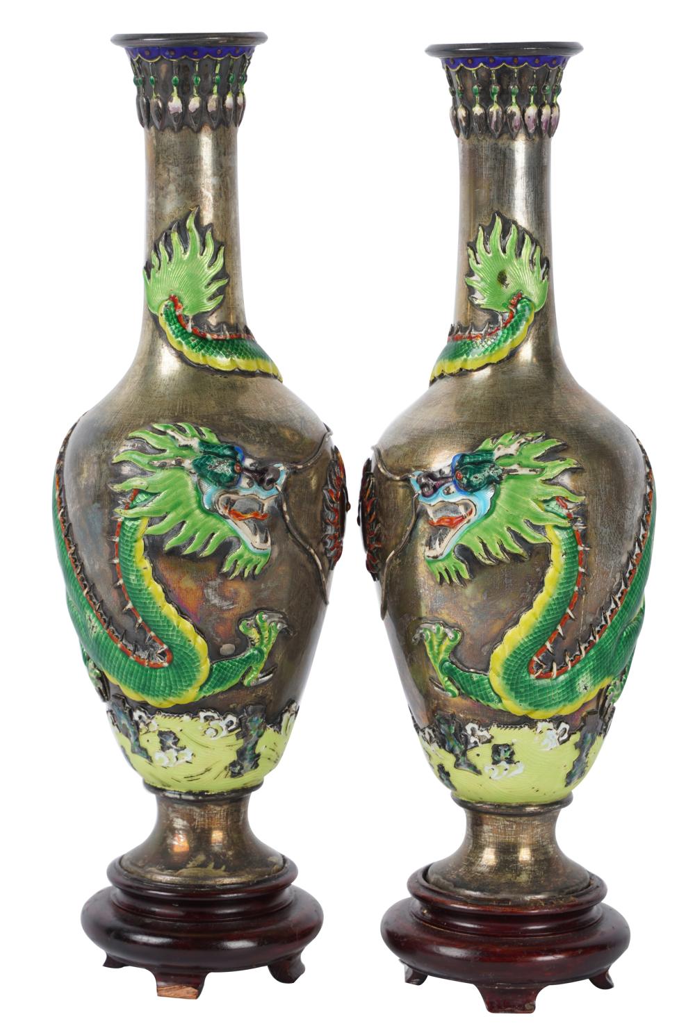 Appraisal: PAIR OF JAPANESE SILVER CLOISONNE VASESeach marked with a star