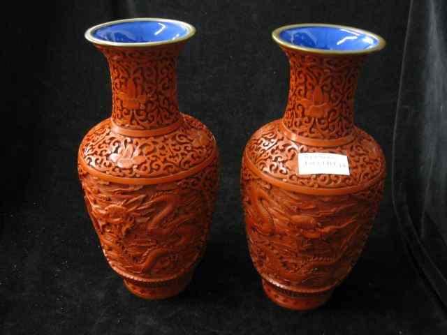 Appraisal: Pair of Oriental Cinnabar Vases '' excellent