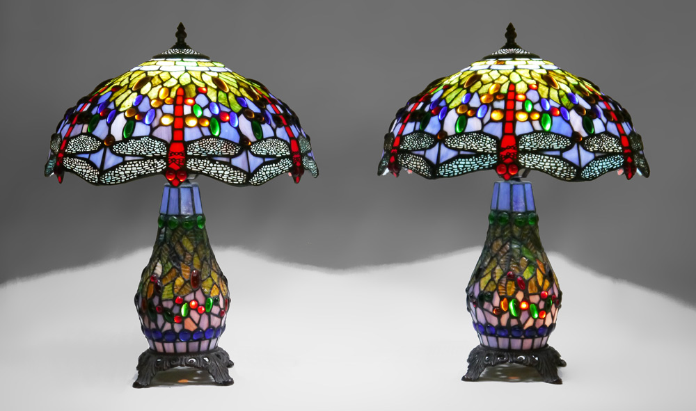 Appraisal: PAIR TIFFANY STYLE DRAGONFLY LAMPS Modern version of the Tiffany