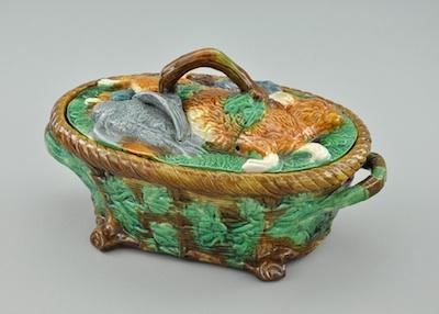 Appraisal: A Majolica Covered Game Tureen Modeled as a lidded basket