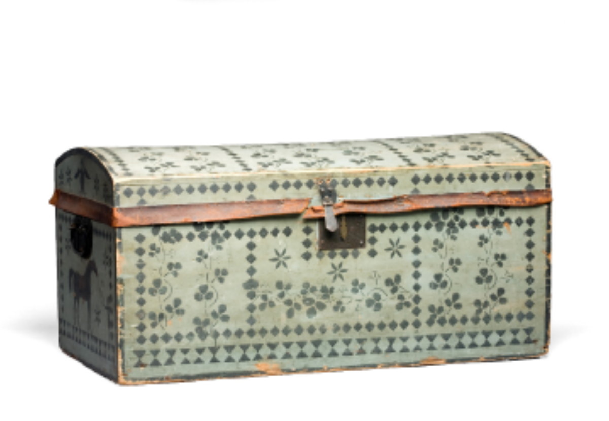 Appraisal: NEW YORK STATE BLUE-PAINTED AND STENCILED DOME-TOP BOX MID-NINETEENTH CENTURY