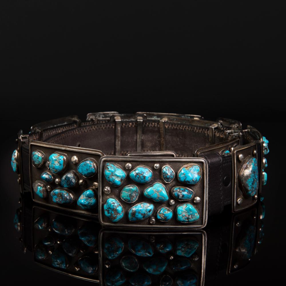 Appraisal: SAM LOVATO SILVER AND TURQUOISE CONCHA BELT CA Sam Lovato