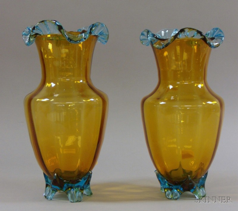 Appraisal: Pair of Bohemian Amber Art Glass Footed Vases with Applied