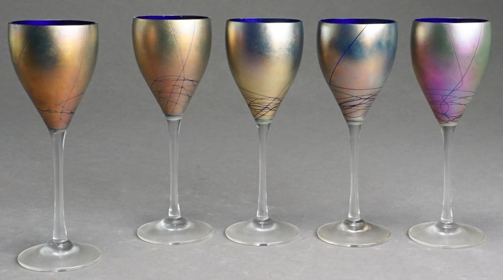 Appraisal: Five Steven Maslach Iridescent Art Glass Stem Wines H in