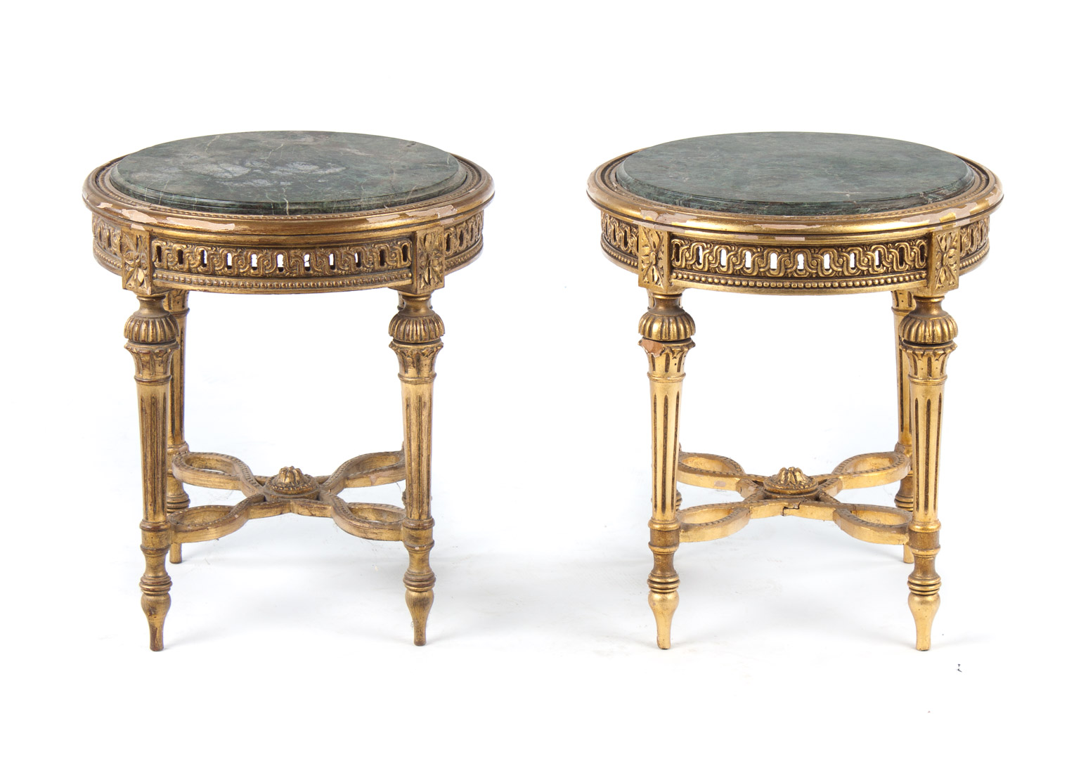 Appraisal: Pair of Louis XVI style giltwood tabourets round green marble