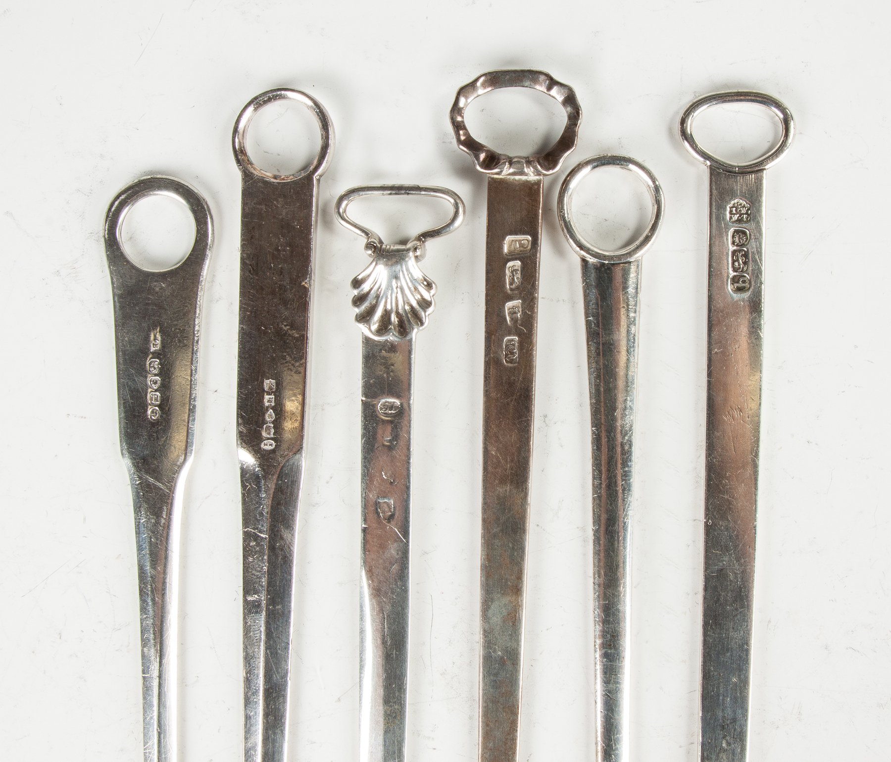 Appraisal: Six George III Silver Meat Skewers L to R William