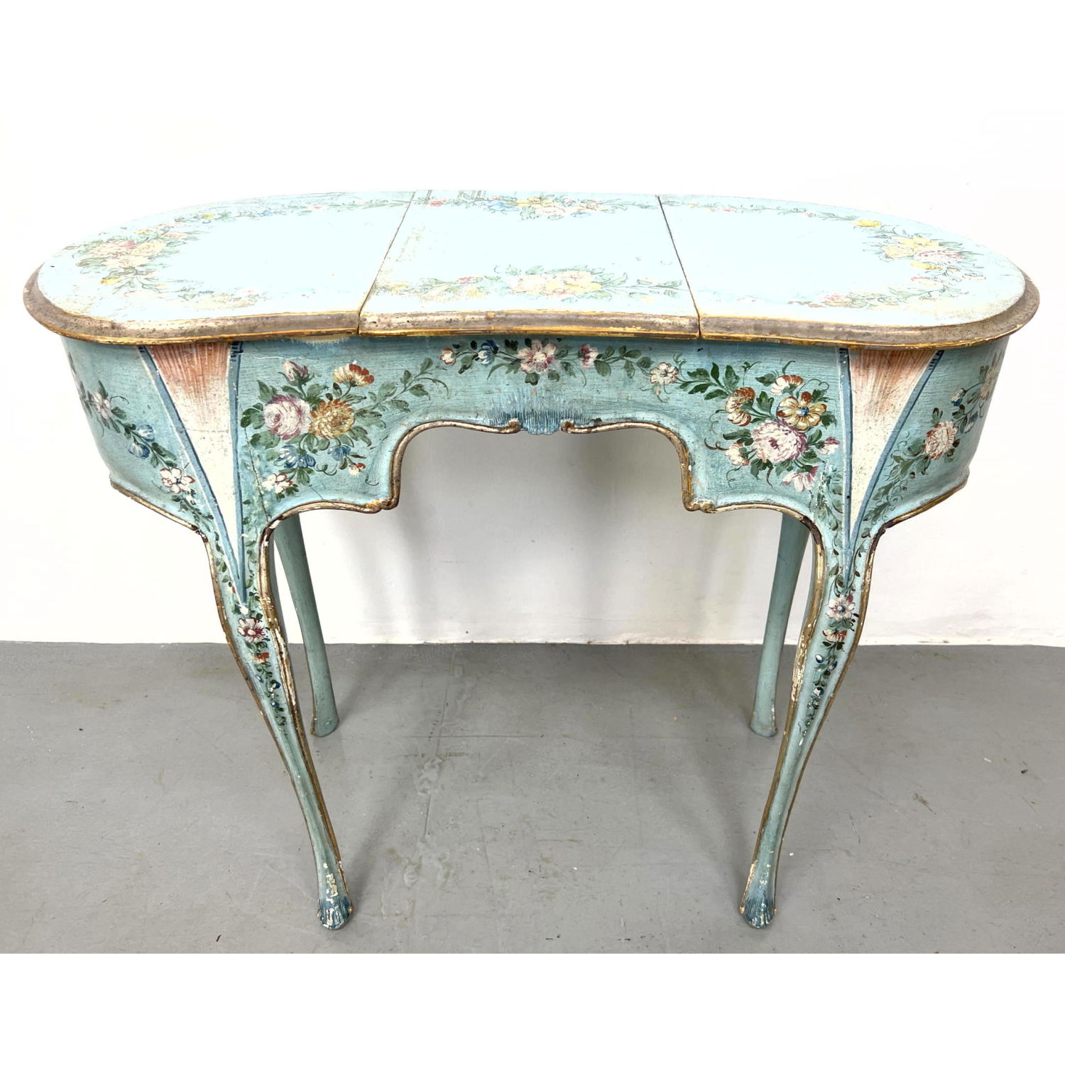 Appraisal: Painted Floral Kidney Shaped Lady's Vanity Elegant Cabriole legs Dimensions