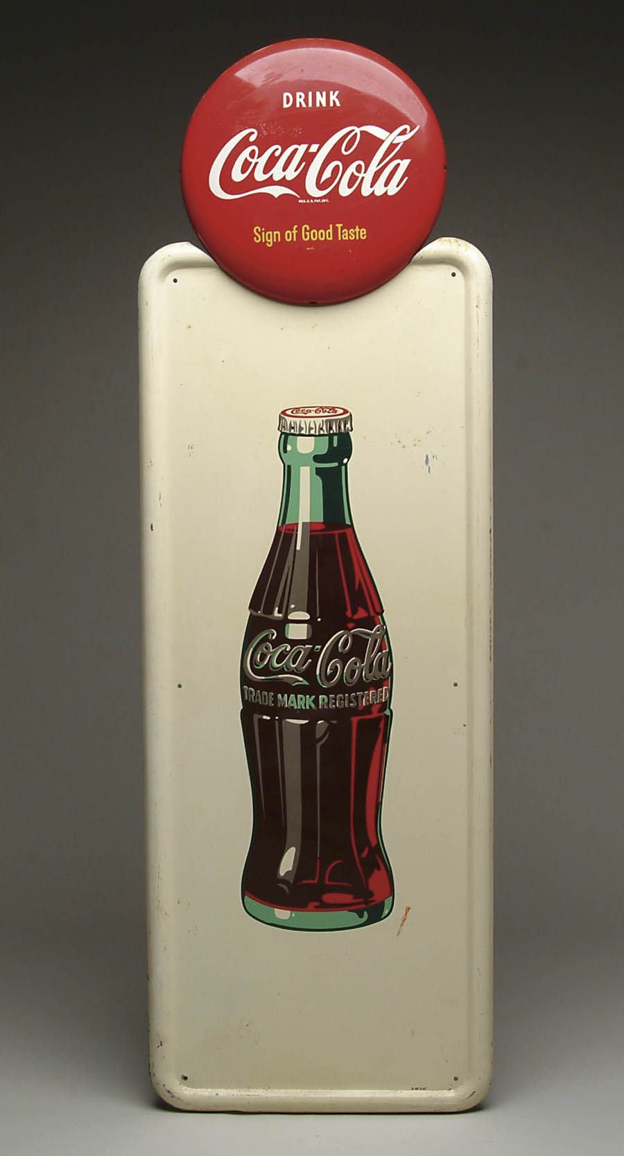 Appraisal: COCA-COLA TIN SIGN WITH BUTTON Two piece sign featuring a