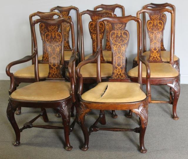 Appraisal: Set of Marquetry Inlaid Queen Anne Style Chairs From a