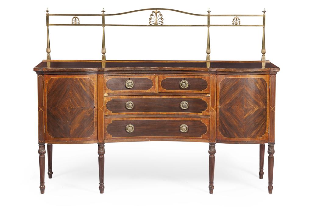 Appraisal: EDWARDIAN REGENCY STYLE MAHOGANY AND WALUT INLAID SIDEBOARD EARLY TH