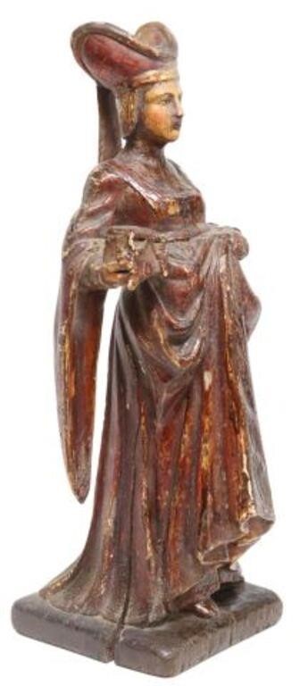 Appraisal: French Medieval style carved wood figure parcel gilt and polychrome