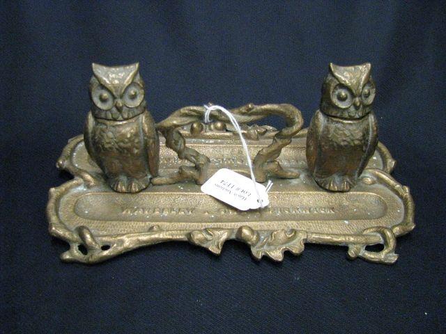 Appraisal: Brass Inkstand figural owl wells lift off heads