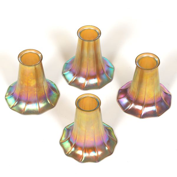 Appraisal: FOUR QUEZAL GOLD IRIDESCENT GLASS LAMP SHADES x Four tulip