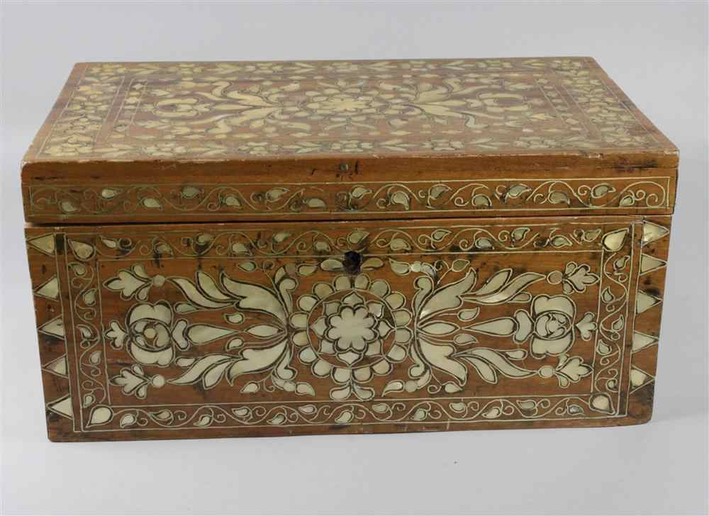 Appraisal: MOTHER-OF-PEARL INLAID WOODEN COFFER with hinged rectangular top enclosing various