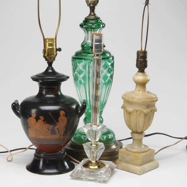 Appraisal: FOUR LAMPS Glass lamp in geen cut to clear Grecian