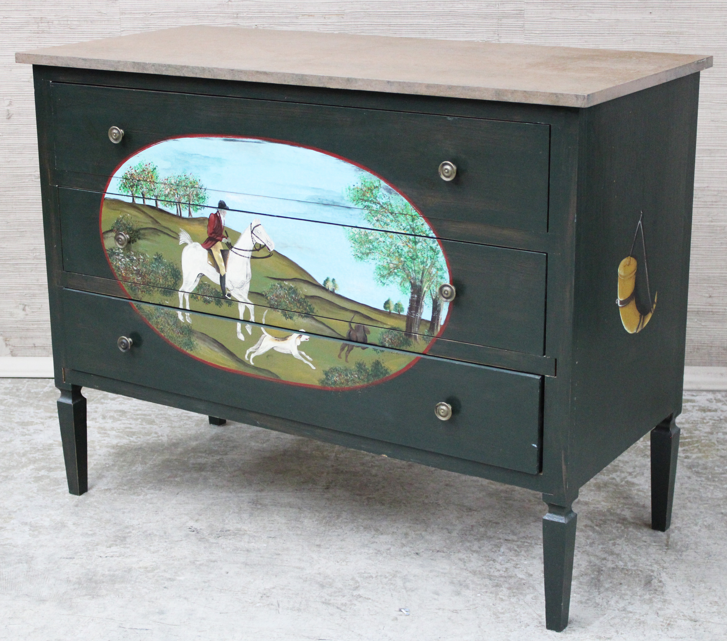 Appraisal: HUNTSCENE DECORATED COMMODE French style polychrome straight front commode with