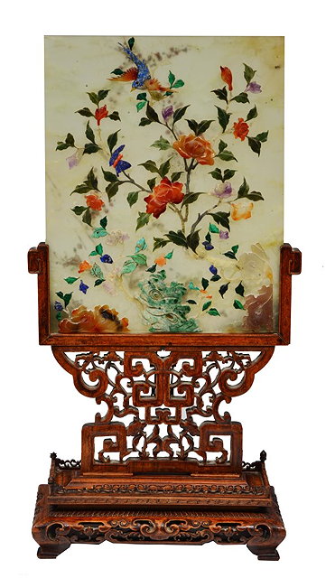 Appraisal: A CHINESE BOWENITE PANEL overlaid peony shrub with flowers and