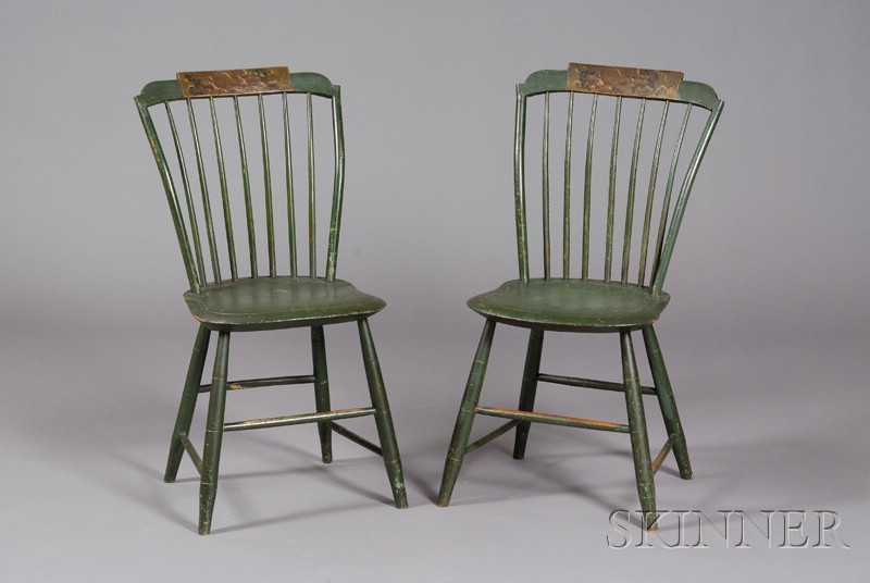 Appraisal: Pair of Green Paint Decorated Bamboo-turned Windsor Side Chairs possibly