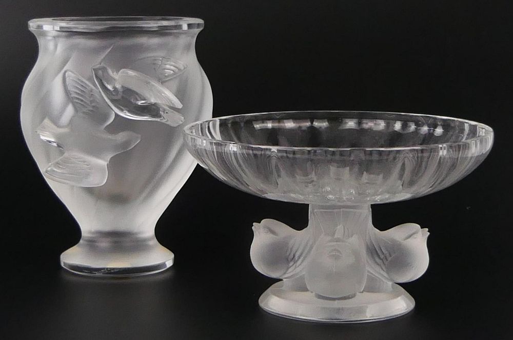 Appraisal: pcs LALIQUE FRANCE CRYSTAL VASE COMPOTE pcs LALIQUE FRANCE CRYSTAL