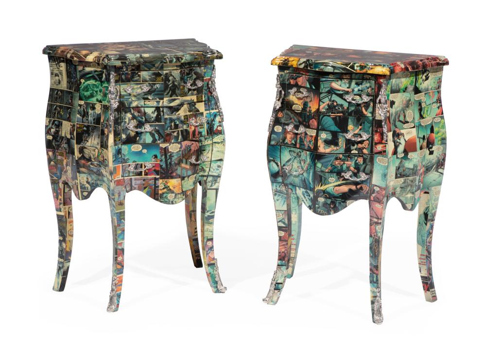 Appraisal: Pair of Louis XVI-Style Comic Book Veneered Three Drawer Nightstands