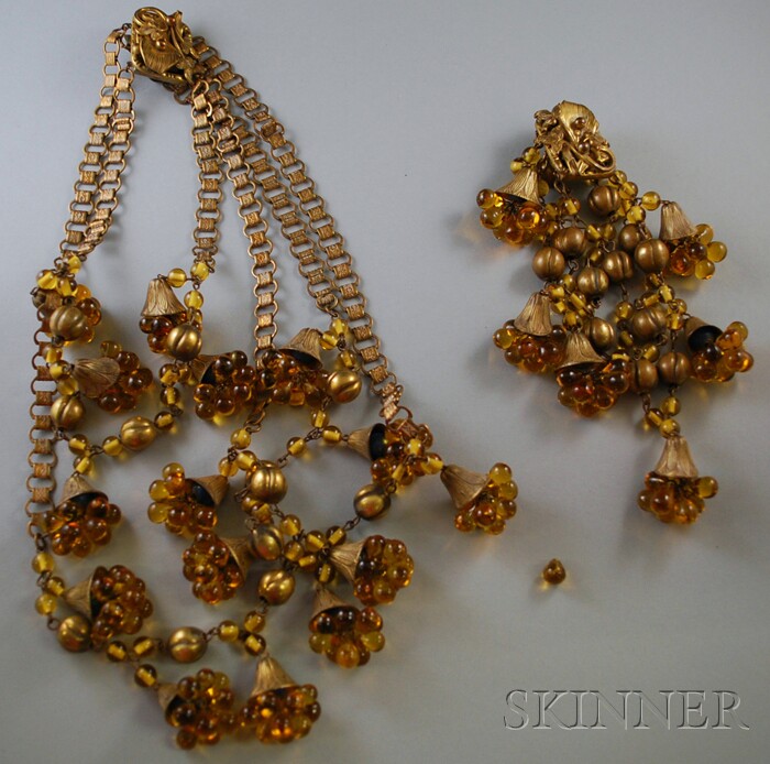 Appraisal: Triple-strand Gilt and Yellow Glass Bead Necklace and Bracelet each