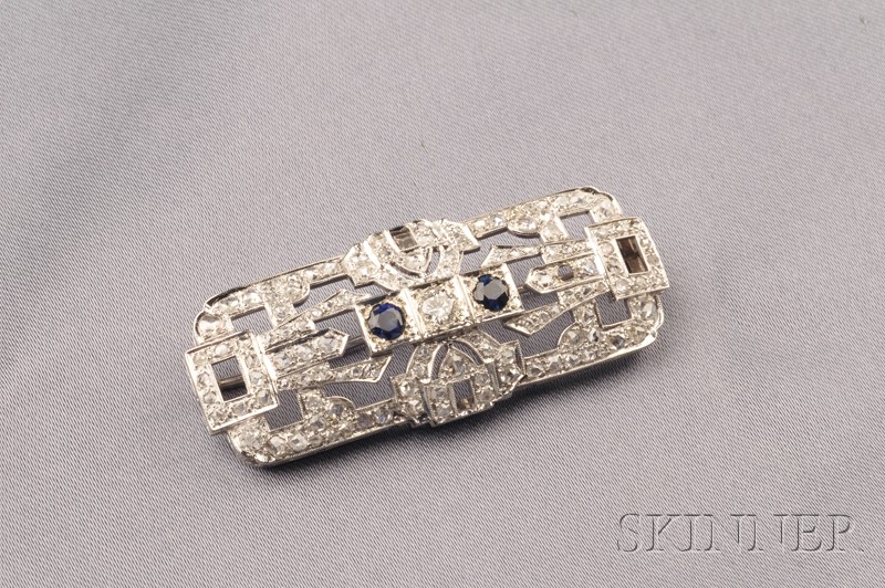 Appraisal: Art Deco kt White Gold Synthetic Sapphire and Diamond Brooch