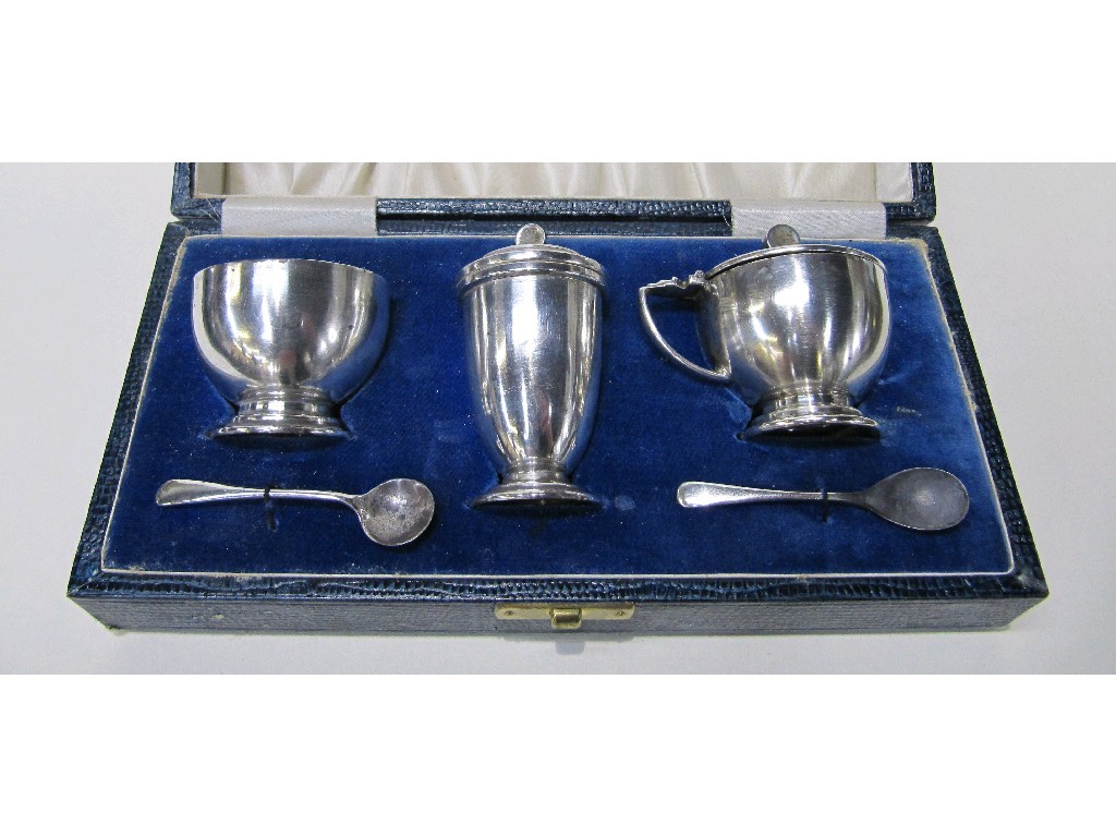 Appraisal: Cased three piece silver condiment set Birmingham