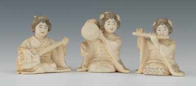 Appraisal: A Group of Three Carved Ivory Geisha Okimonos Consisting of