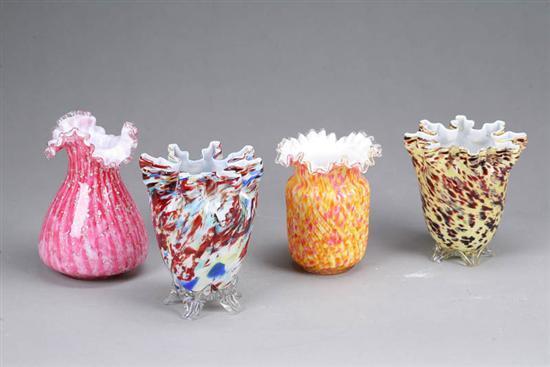 Appraisal: FOUR VASES Spatter glass Two are footed all have ruffled