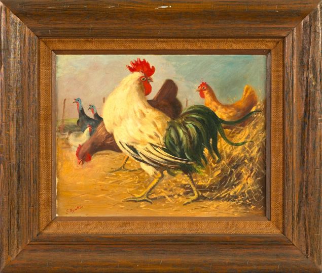 Appraisal: American School Early th Century Roosters oil on panel x