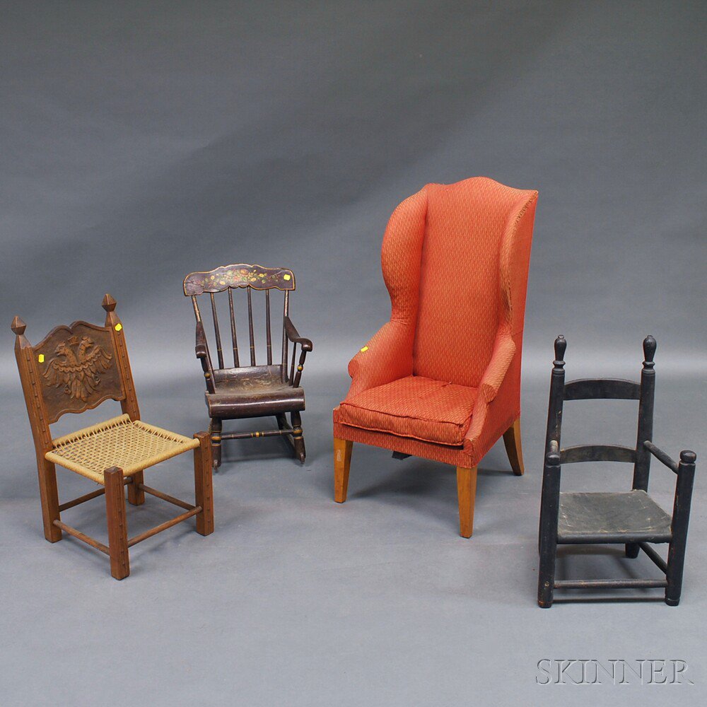 Appraisal: Four Children's Chairs a grain-painted rocker with floral-decorated shaped crest