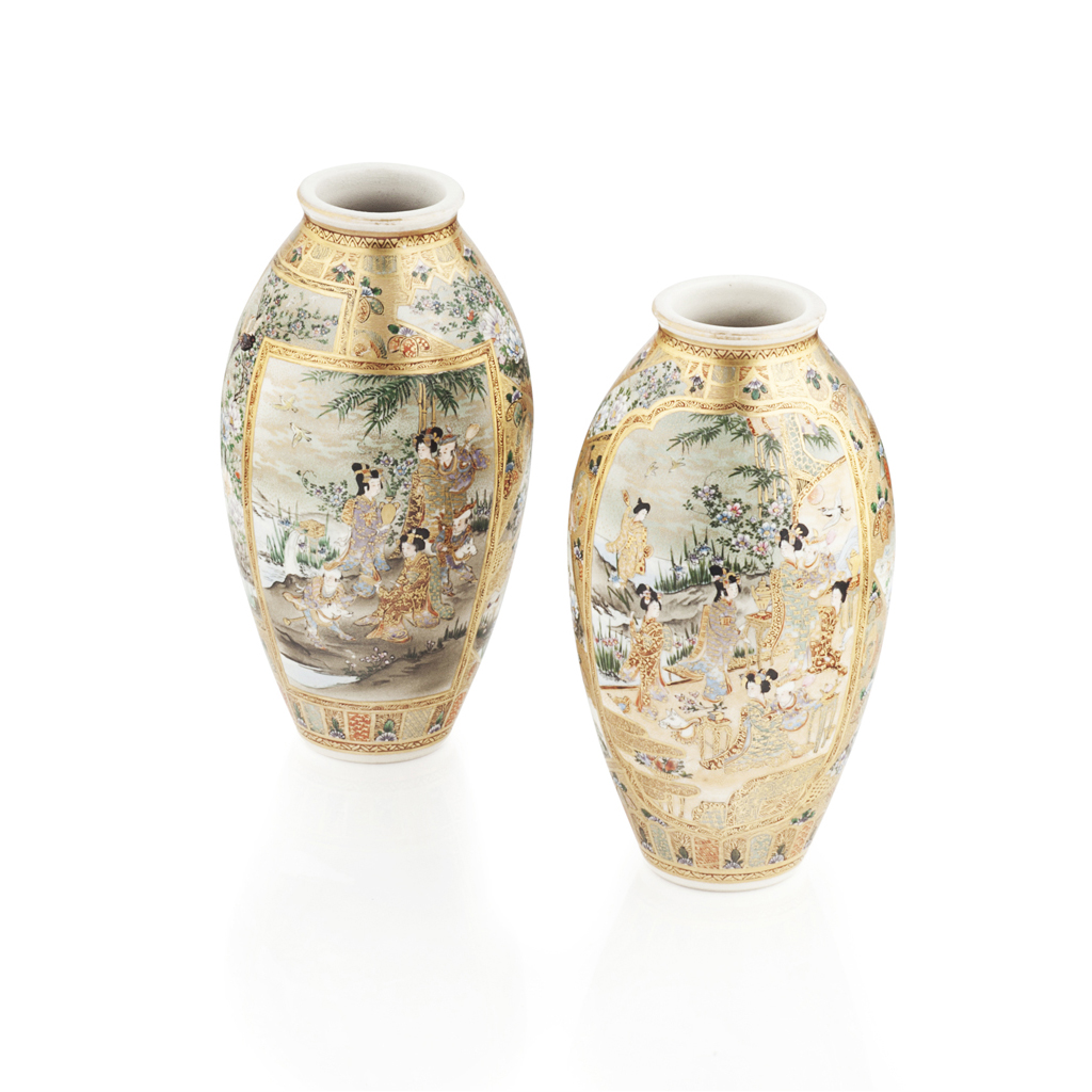 Appraisal: PAIR OF JAPANESE SATSUMA VASES MEIJI PERIOD of slender ovoid