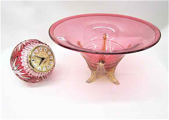 Appraisal: ART GLASS BOWL CUT GLASS CLOCK pieces The red pedestal