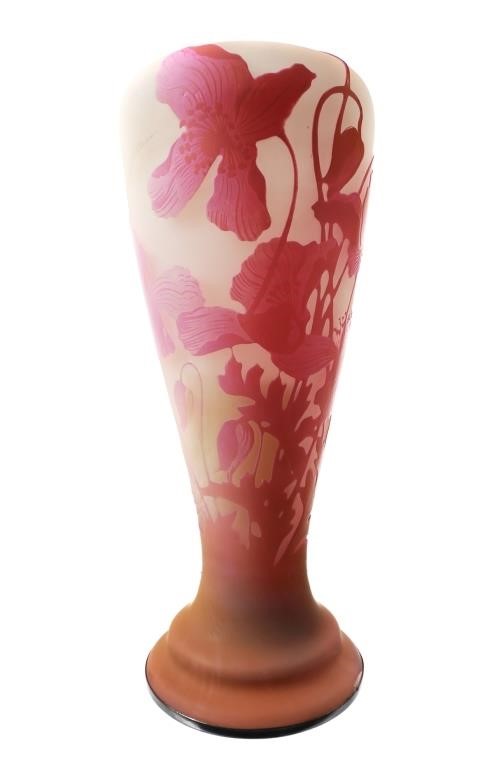 Appraisal: Cased etched art glass vase with floral design Peach to