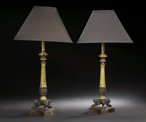 Appraisal: Large Pair of French Bronze-Patinated Spelter and Brass Tripodal Candlesticks