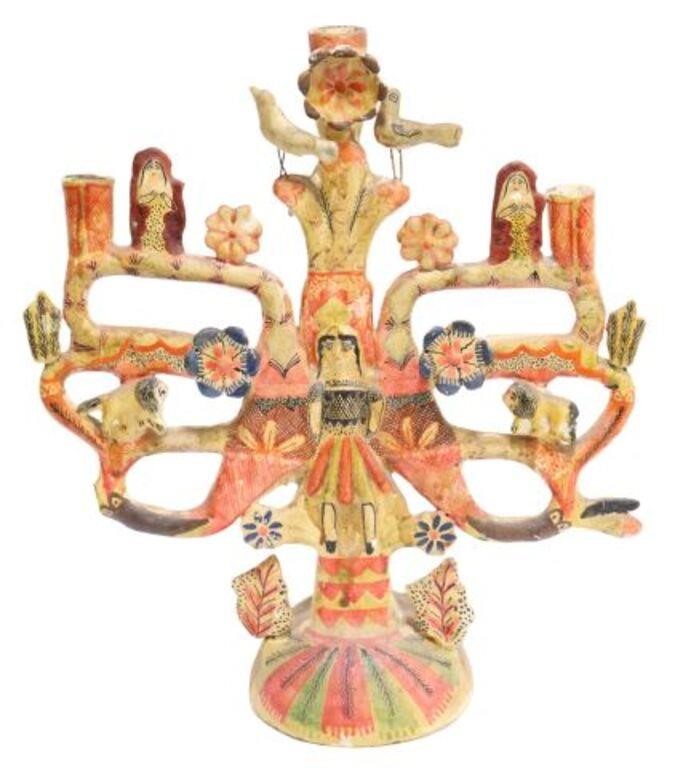 Appraisal: Arbol de la vida tree of life pottery three-light candelabrum