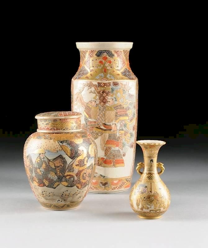 Appraisal: A GROUP OF THREE SATSUMA PARCEL GILT AND POLYCHROME PAINTED