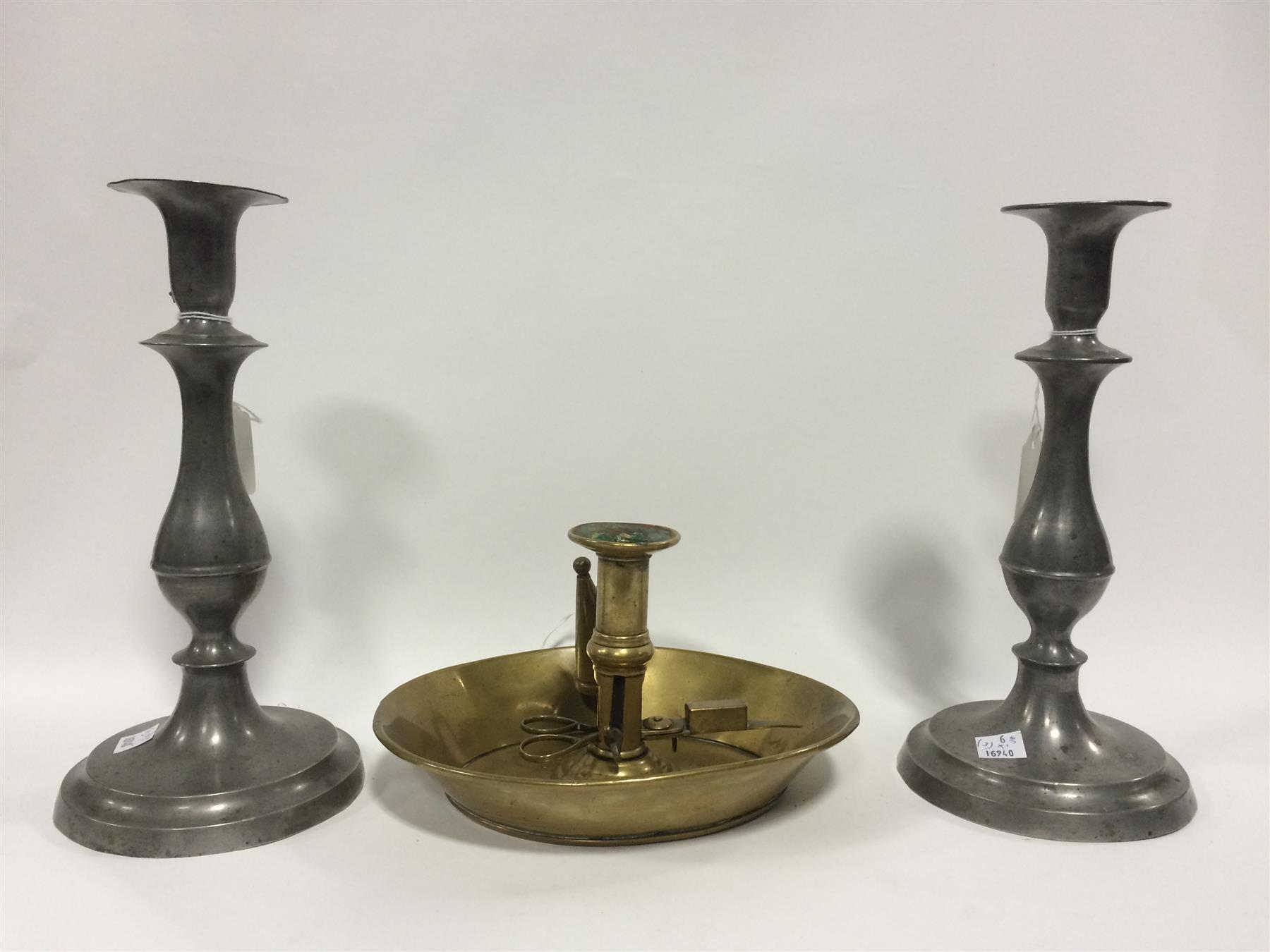 Appraisal: THREE TH CENTURY CANDLE HOLDERS American Pair of Cincinnati pewter