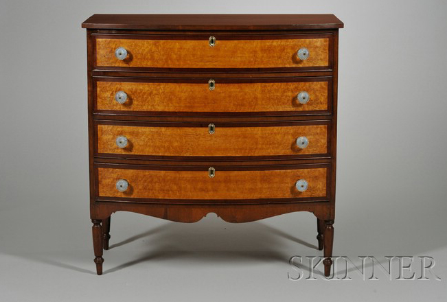 Appraisal: Federal Cherry and Bird's-eye Maple Veneer Bowfront Four-Drawer Bureau with