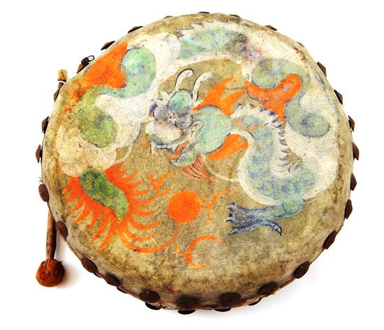 Appraisal: ASIAN Likely th C Chinese painted double-sided drum with stick