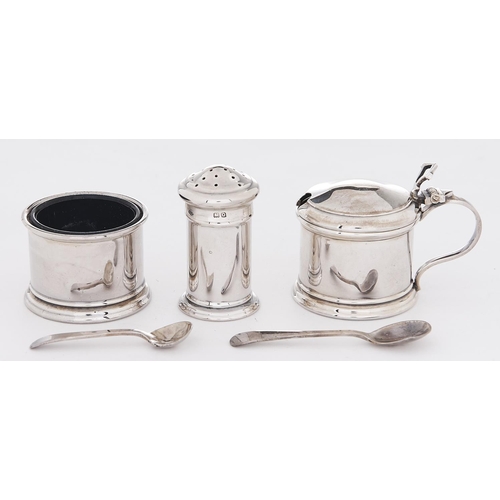 Appraisal: A George VI silver condiment set blue glass liners mustard