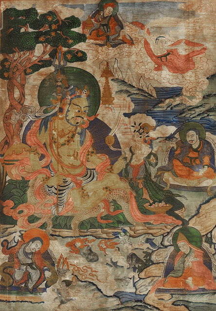 Appraisal: A TIBETAN THANGKA depicting a god kneeling beneath a tree