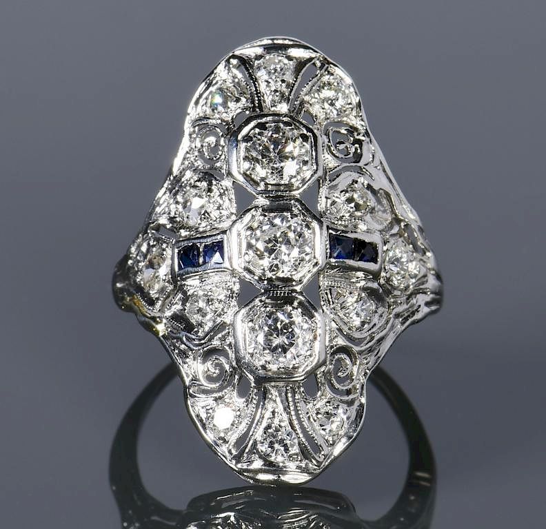 Appraisal: Art Deco Diamond and Sapphire Ring Platinum Art Deco diamond