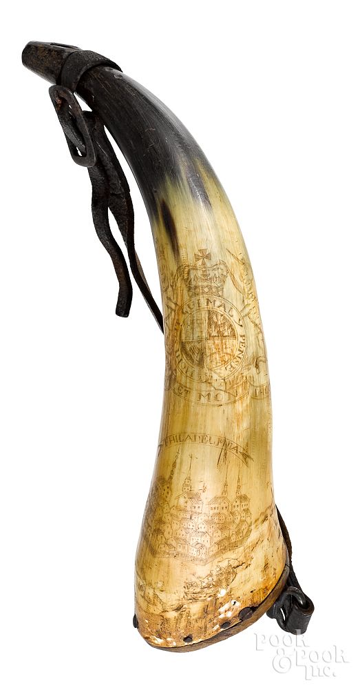 Appraisal: Philadelphia Co Militia scrimshaw powder horn Lieut Jacob Vonck Philadelphia